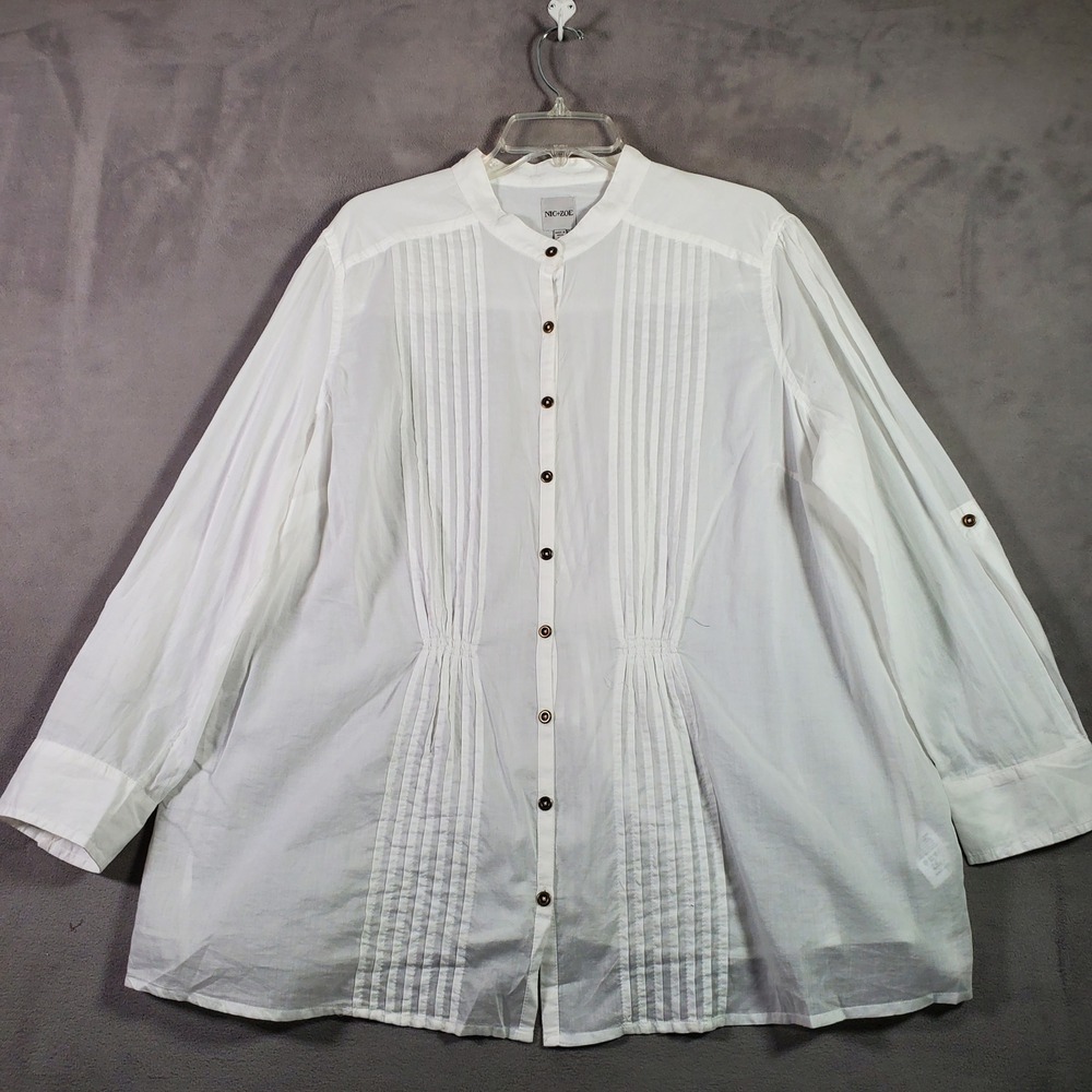 NIC+ZOE Pintuck Blouse Women 2X White Cotton Roll Tab Sleeve Minimalist Boho